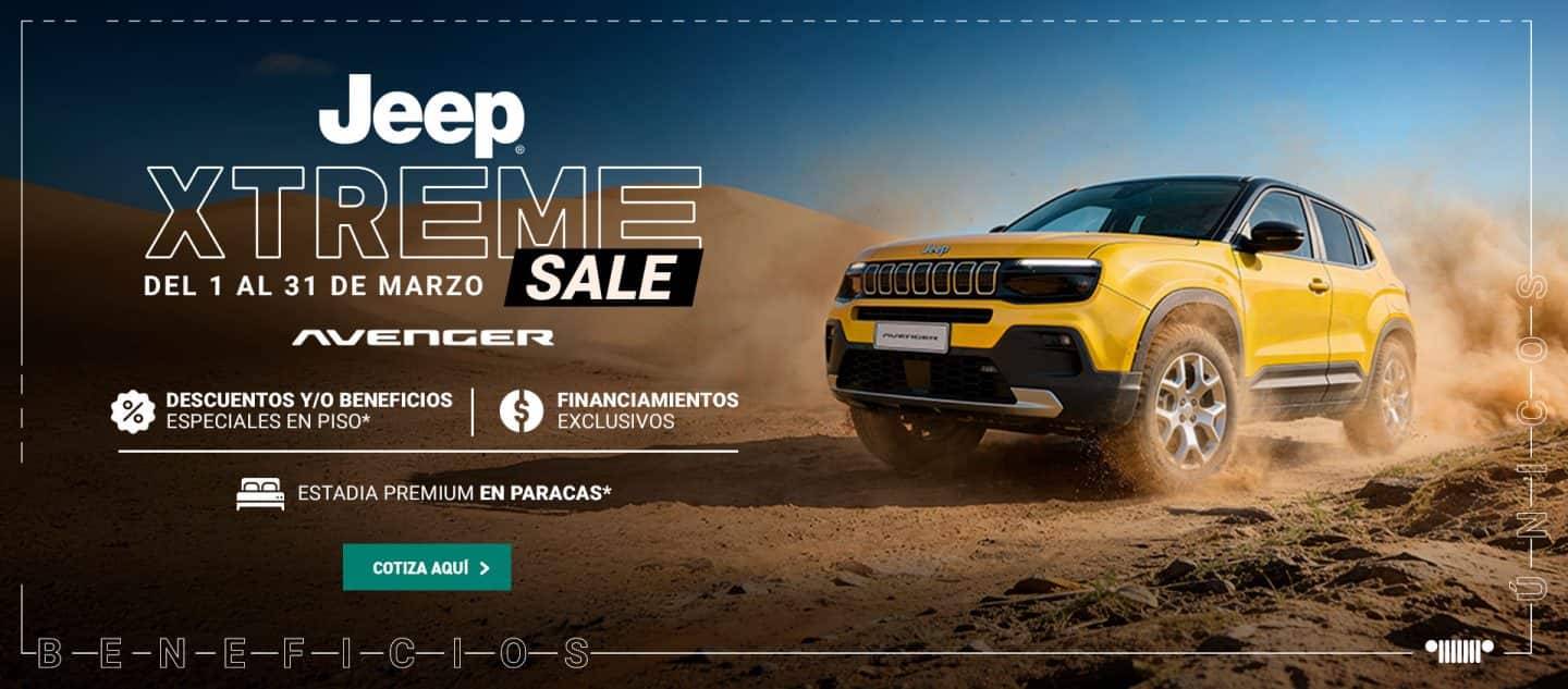 Jeep Avenger amarillo promoción Xtreme Sale marzo con descuentos, financiamiento exclusivo y beneficios en Perú.