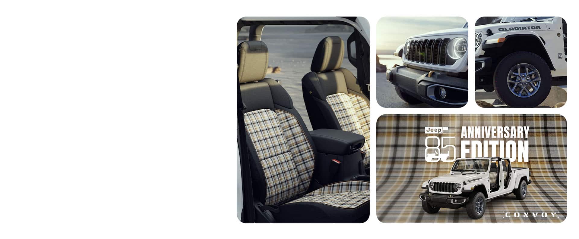 Four aspects of the 2026 Jeep Gladiator 85th Anniversary Edition: the front seats, the grille, a wheel and tire and the entire vehicle with its doors and top removed, overlaid on a plaid background. Jeep 85 Anniversary Edition. Convoy.