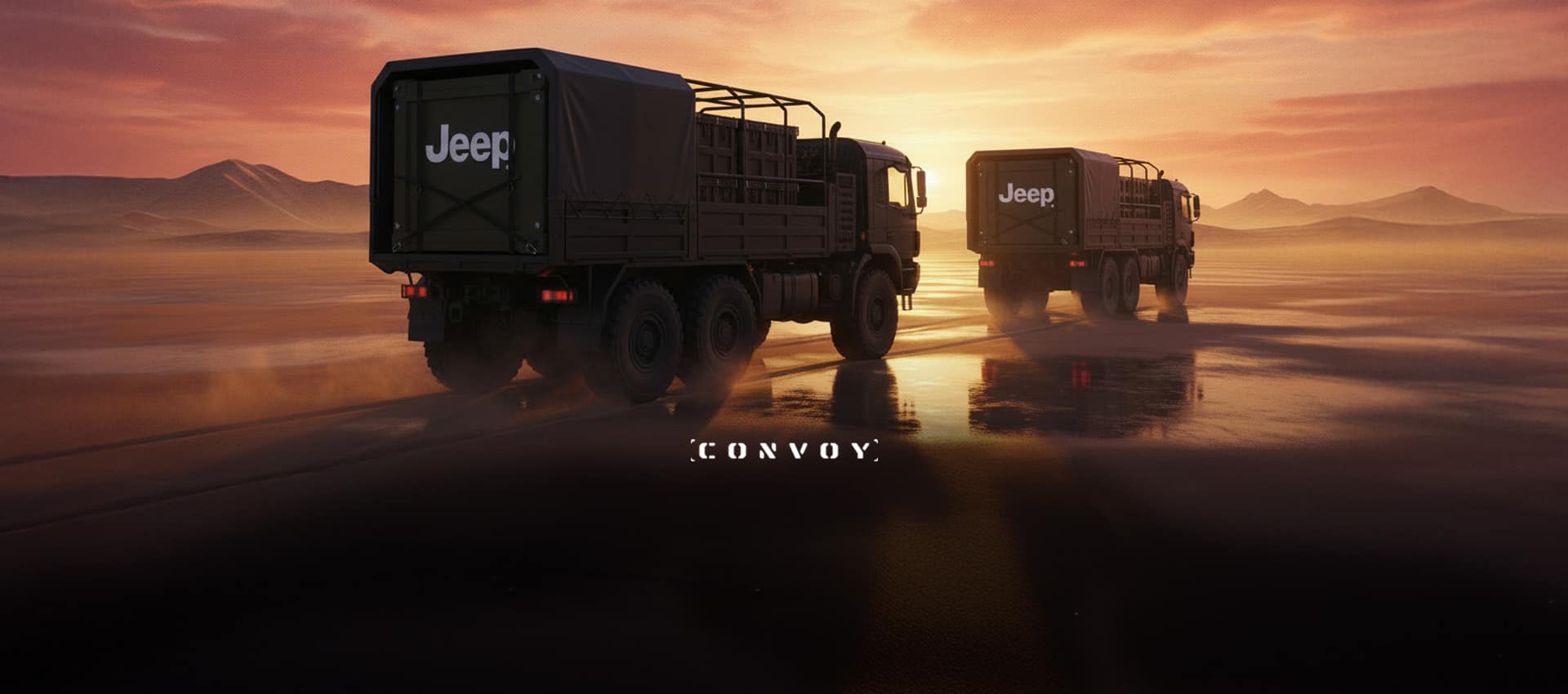 Two military-type vehicles with the word "Jeep" painted across their rear panel, traveling across an illustrated wet, sandy surface at sunset. Convoy.