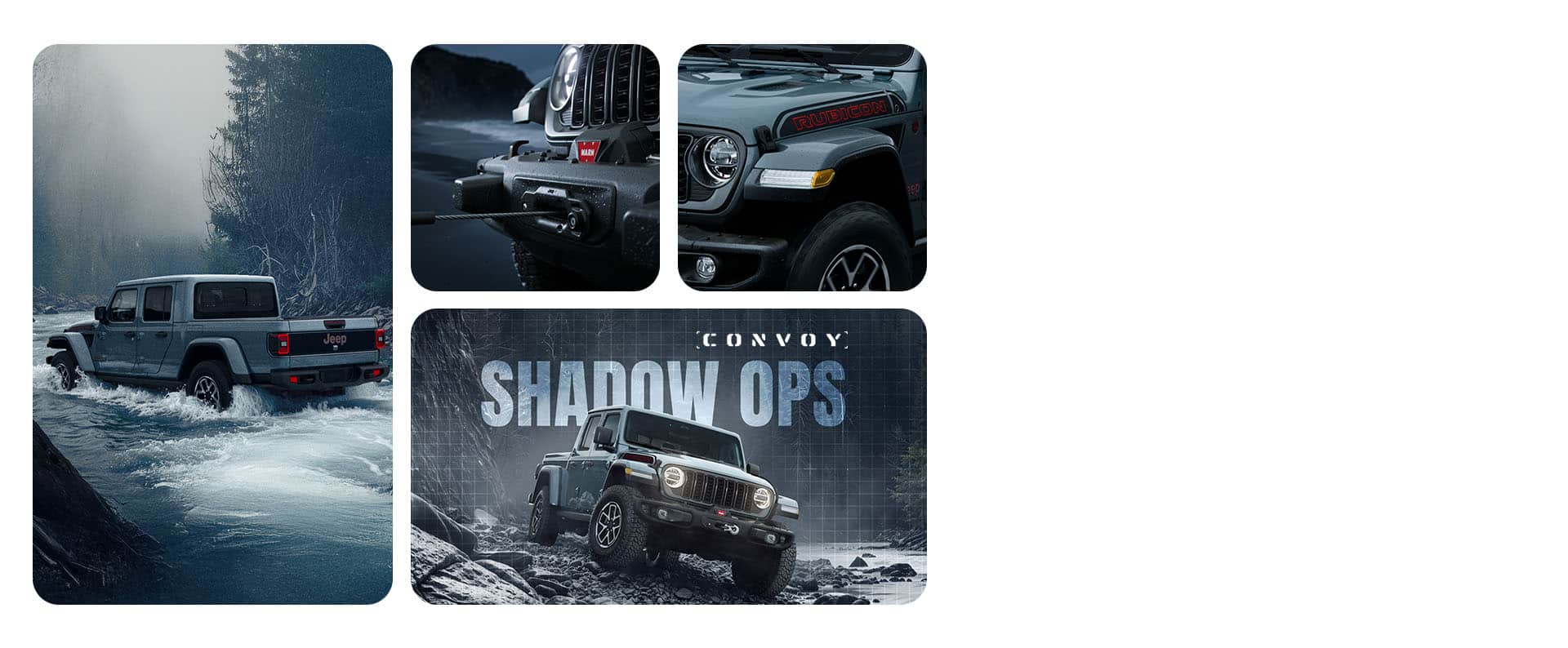 Four aspects of the 2026 Jeep Gladiator Shadow Ops: a rear angle of the vehicle fording through a deep stream, the winch and front bumper, a headlamp and fog lamp and the vehicle crawling over rubble in the rain at night, with a semi-transparent satellite map grid over the background. Convoy. Shadow Ops.