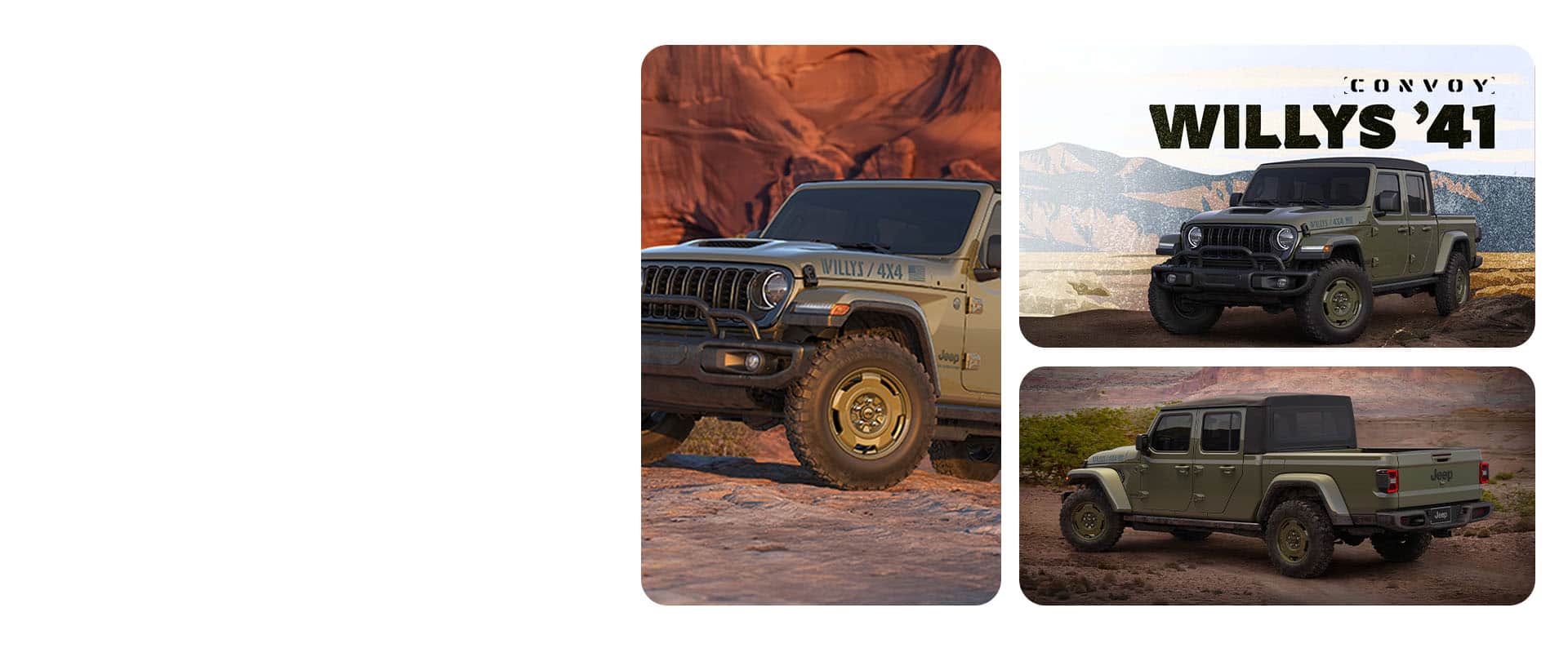 Three aspects of an olive drab 2026 Jeep Gladiator Willys '41: the driver-side front end of the vehicle, driver-side front angle of the full vehicle and a driver-side rear angle of the vehicle. Convoy. Willys '41.