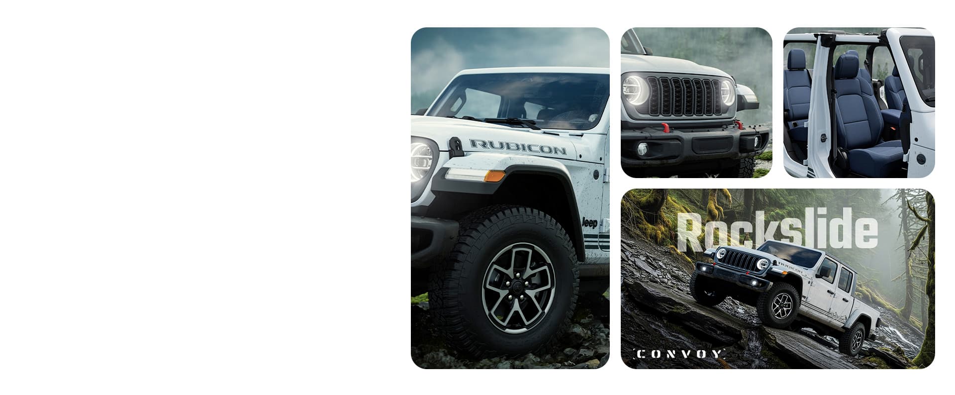 Four aspects of a white 2026 Jeep Gladiator Rubicon Rockslide: the driver-side front wheel and tire, the grille and headlamps, the passenger-side doors removed revealing the front and rear seats and the Rockslide crawling over a steep, rocky trail off-road. Rockslide. Convoy.