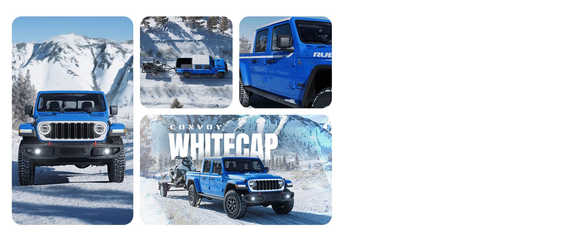 Four aspects of a blue 2026 Jeep Gladiator Rubicon Whitecap all in snowy, winter settings: a head-on angle of the truck, a drone's view of the truck towing an ATV on a flatbed trailer, the passenger-side front and rear doors and a ground-level angle of the truck towing the ATV. Convoy. Whitecap.
