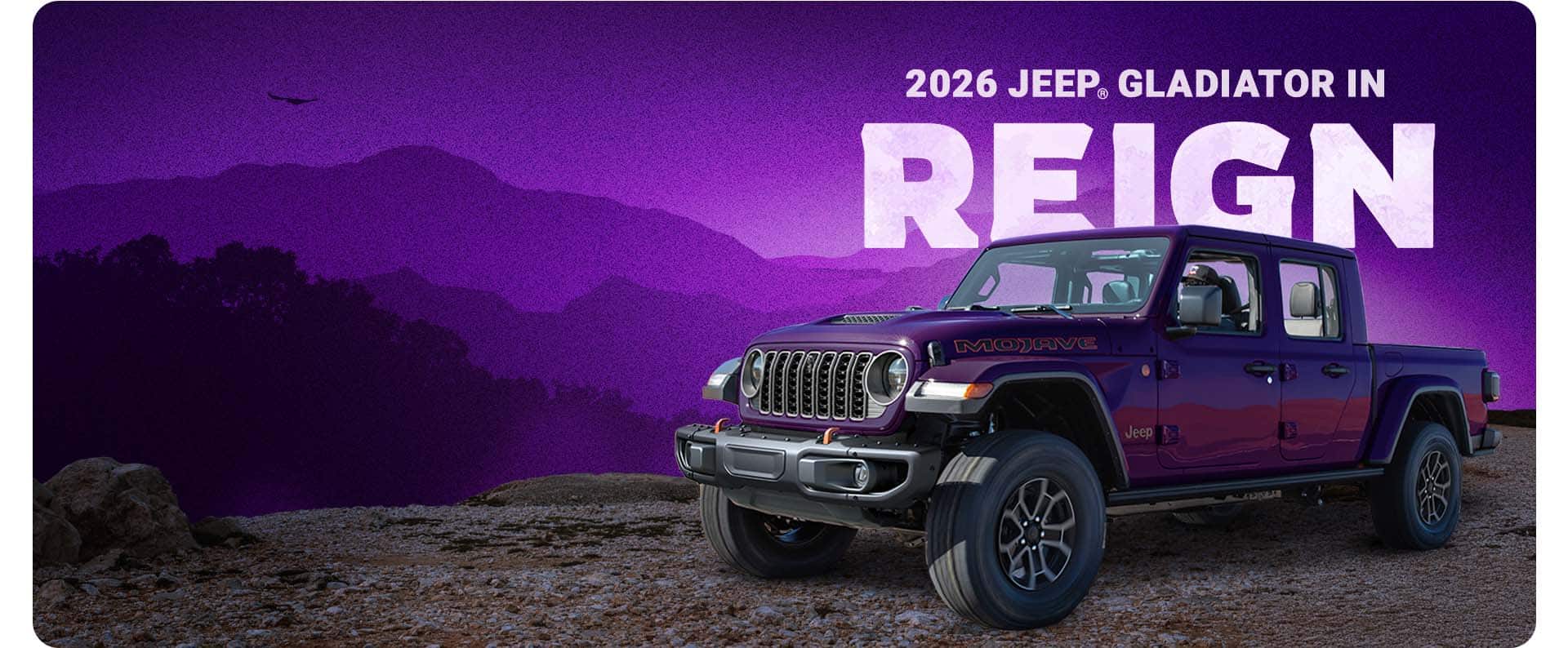 A dark purple 2026 Jeep Gladiator Mojave with illustrated purple mountains in the background. 2026 Jeep Gladiator in Reign.
