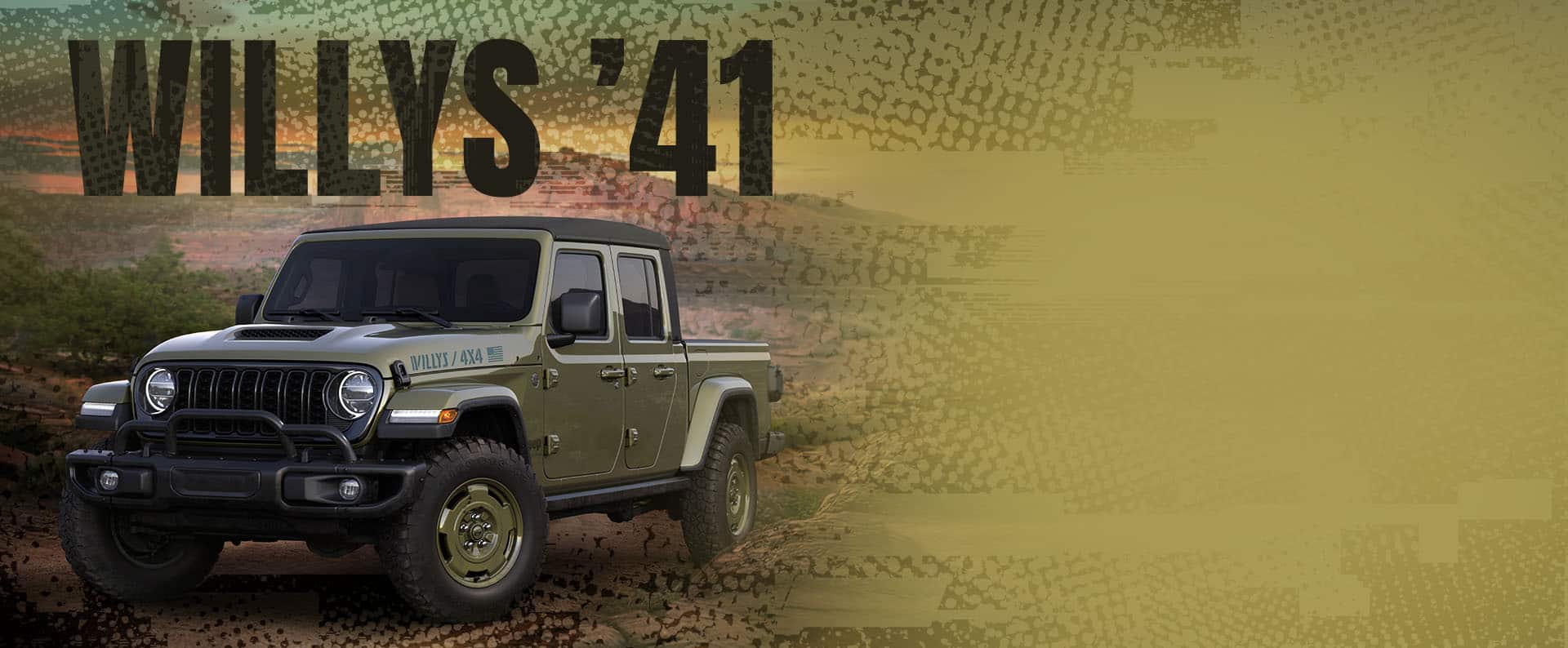 A driver-side front angle of an olive drab 2026 Jeep Gladiator Willys '41. Willys '41.
