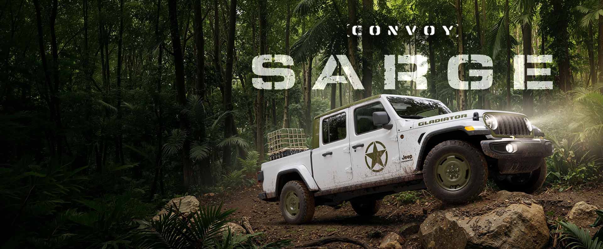A white 2026 Jeep Gladiator Sarge Willys with an olive drab hardtop and an olive drab World War 2 Circle Star on its front doors—ascending a trail in the jungle. Convoy. Sarge.