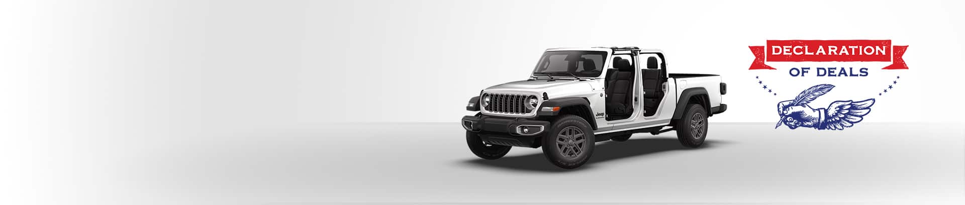 A white 2026 Jeep Gladiator Sport S with its doors and top removed. Declaration of Deals.