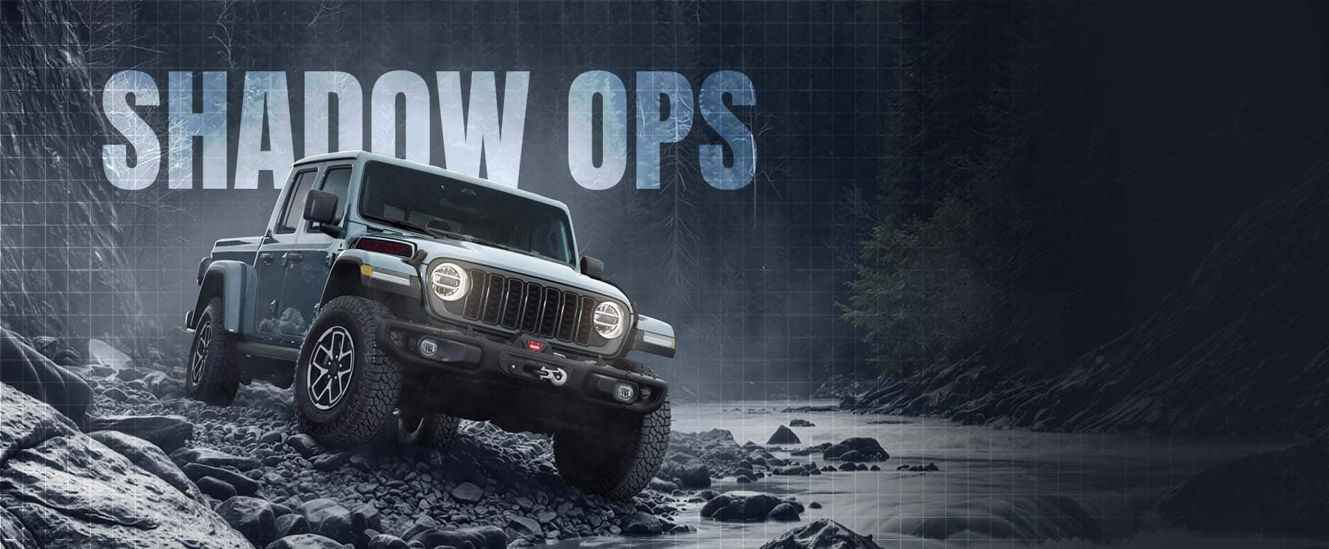 A gray 2026 Jeep Gladiator Shadow Ops with its headlamps on, crawling over rubble during a storm at night, with a semi-transparent satellite map grid over the background. Shadow Ops.