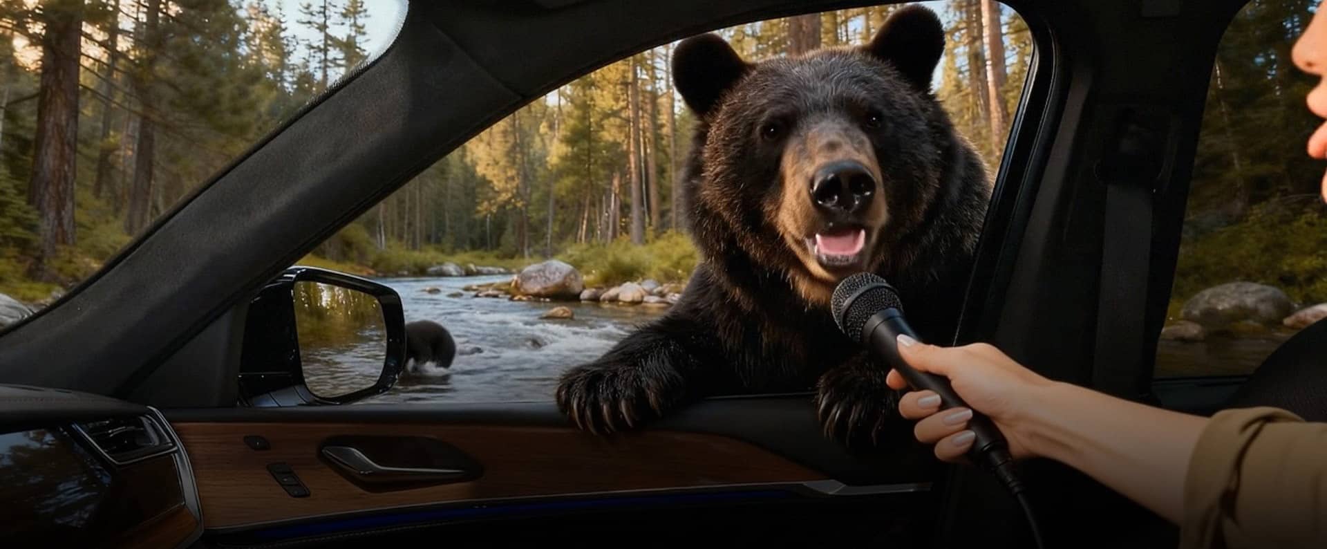 A black bear standing outside the passenger-side front window of a 2026 Jeep Grand Cherokee, talking to a man inside the SUV that is holding a microphone.