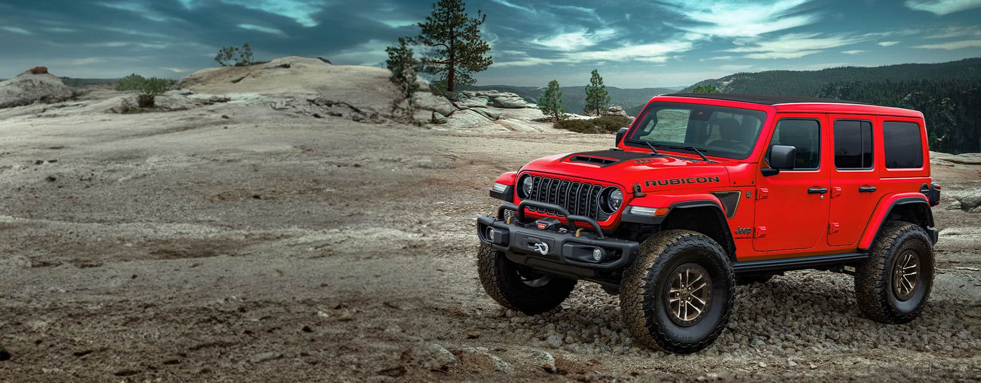 A red 2024 Jeep Wrangler Rubicon 392 Final Edition parked in a rocky clearing off-road, with mountains and a stormy sky in the background.