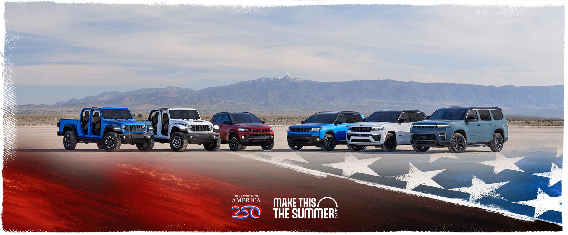 A lineup of six 2026 Jeep Brand vehicles parked in a semicircle. From left to right: a blue Gladiator Rubicon and white Wrangler Rubicon X—both with their doors and tops removed, a red Compass Trailhawk with black hood insert, a blue Cherokee Overland, a white Grand Cherokee Summit with the Obsidian Package, and a blue gray Grand Wagoneer Upland. Proud Partner of America 250. Make This The Summer Event.