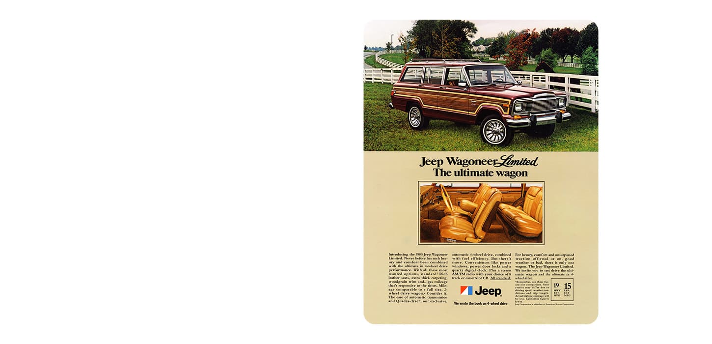 A vintage print ad from 1980 with two images of a Jeep Wagoneer Limited, one of the exterior in red with woodgrain side panels and one of the front and rear seats.