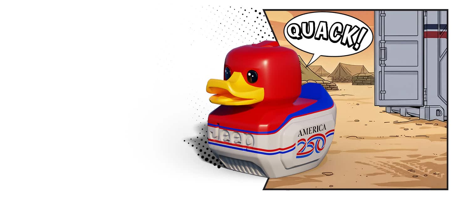 The Jeep America 250 Edition duck saying "Quack" at a cartoon military base camp, near an open crate.