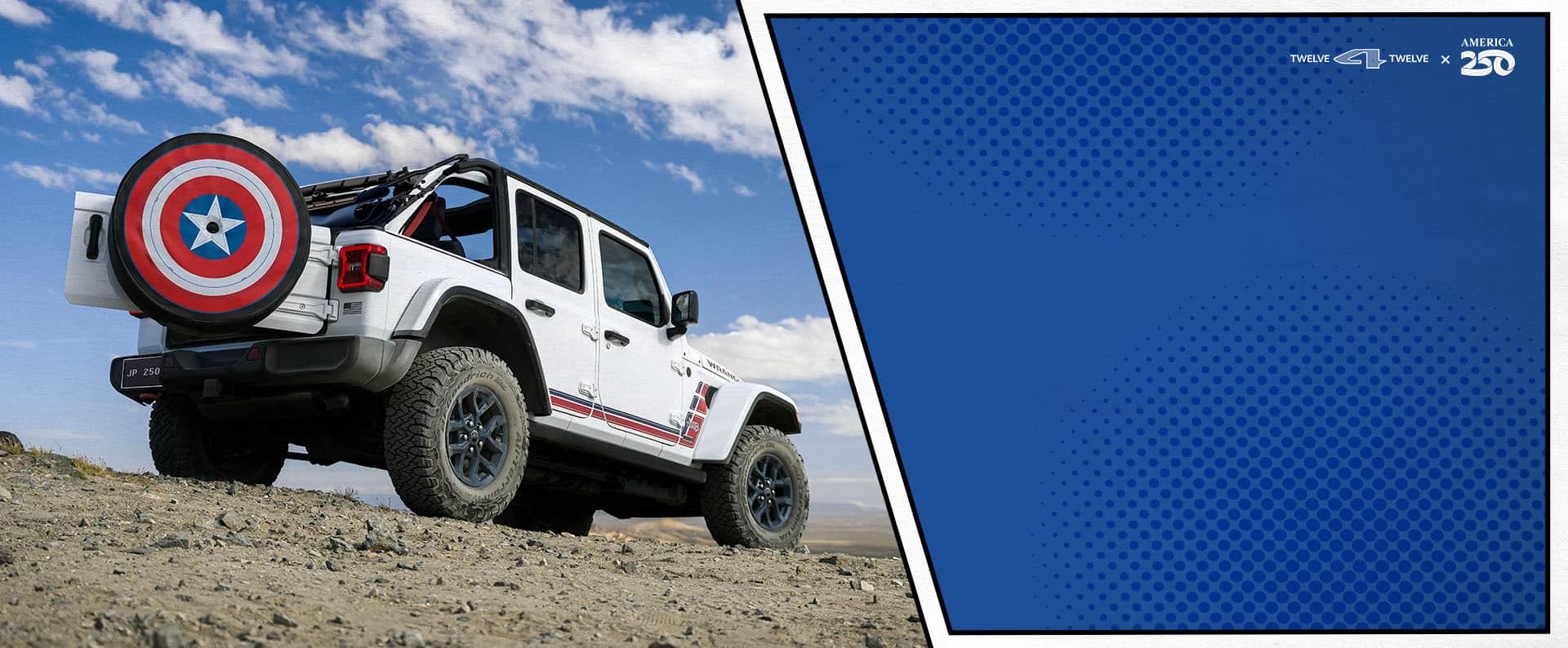 A white 2026 Jeep Wrangler America 250 Edition with its swing gate open showing off its spare tire cover—reminiscent of Captain America's shield. Shot from a lowered rear angle. 12 for 12 x America 250.