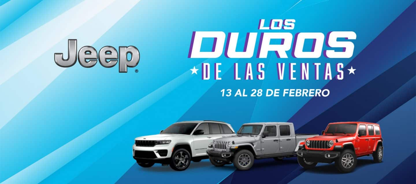 Background con tonos de color azul, logo de la campaña “Los Duros de las Ventas” con 3 modelos de Jeep (Grand Cherokee, Gladiator y Wrangler) acompañados por Jacky Fontanez. En el inferior botones de Test Drive y Concesionarios.