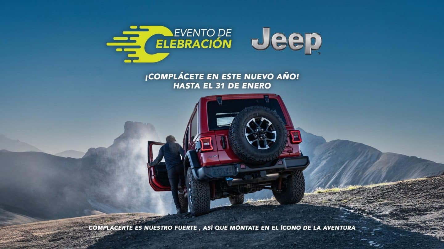 Logo de Evento de Celebración foto de la parte trasera de un Jeep Wrangler y una persona montándose.