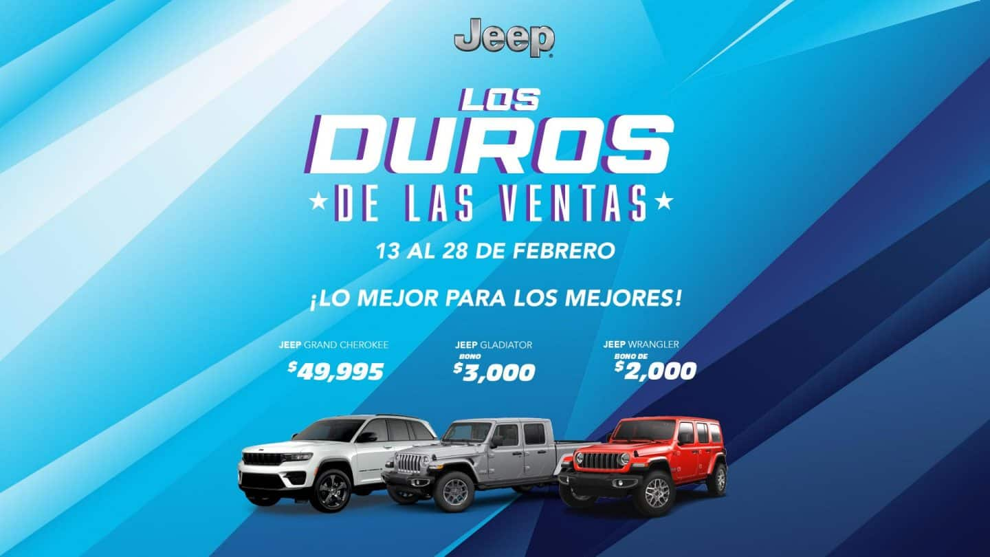 Background con tonos de color azul, logo de la campaña “Los Duros de las Ventas” con 3 modelos de Jeep (Grand Cherokee, Gladiator y Wrangler) acompañados por Jacky Fontanez. En el inferior botones de Test Drive y Concesionarios.