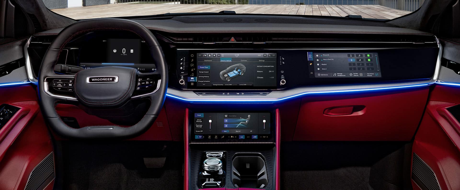 The steering wheel, Digital Cluster Display, Uconnect touchscreen, climate control screen and Front-Passenger Interactive Display in the 2024 Jeep Wagoneer S Launch Edition.