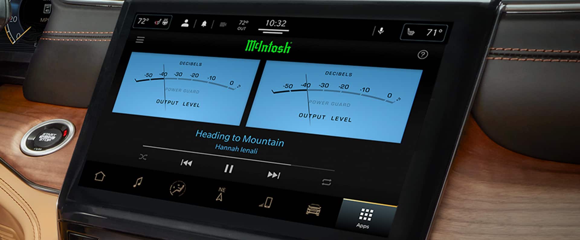 The Uconnect touchscreen in the 2024 Jeep Grand Cherokee Summit Reserve displaying the output levels of the McIntosh Audio System.