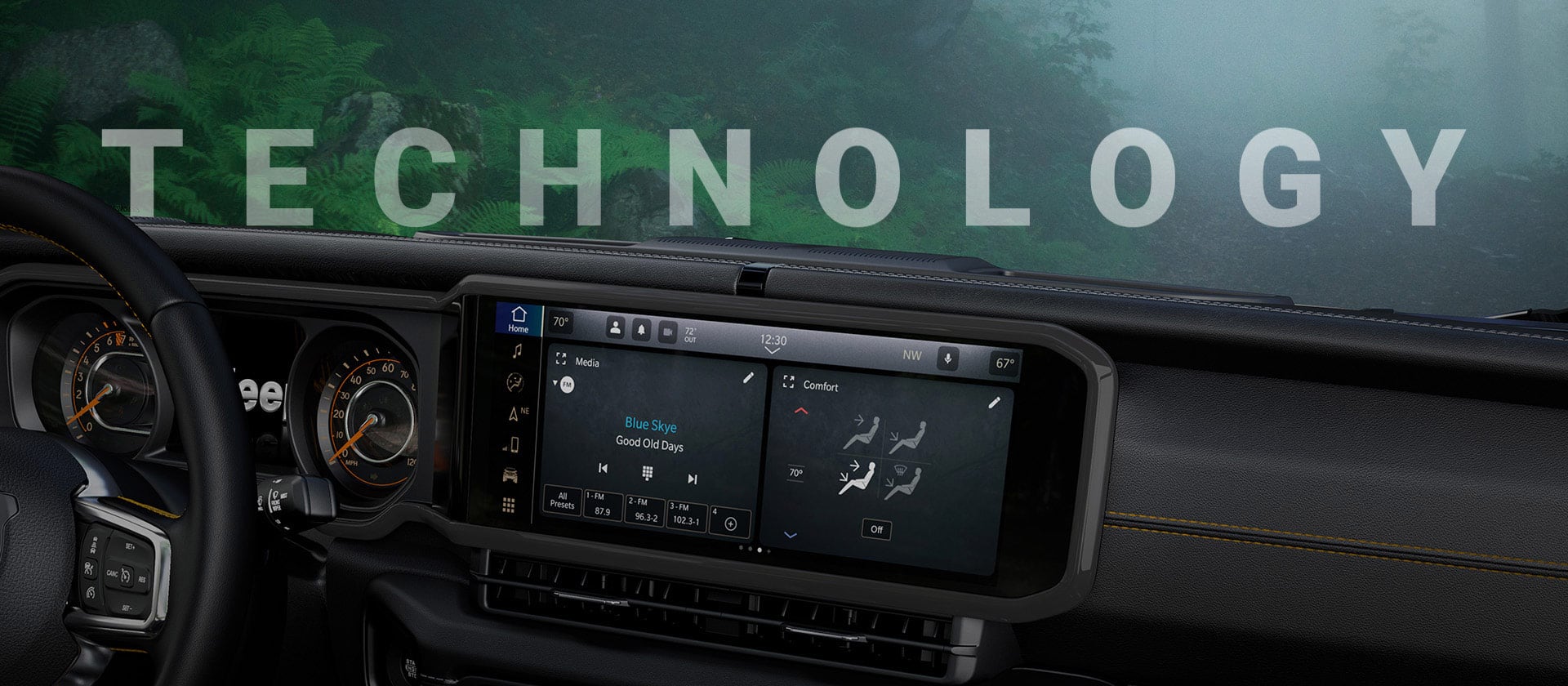 A close-up of the Uconnect 5 touchscreen in the 2024 Jeep Wrangler with a split-screen displaying the radio selection and climate controls. Technology.