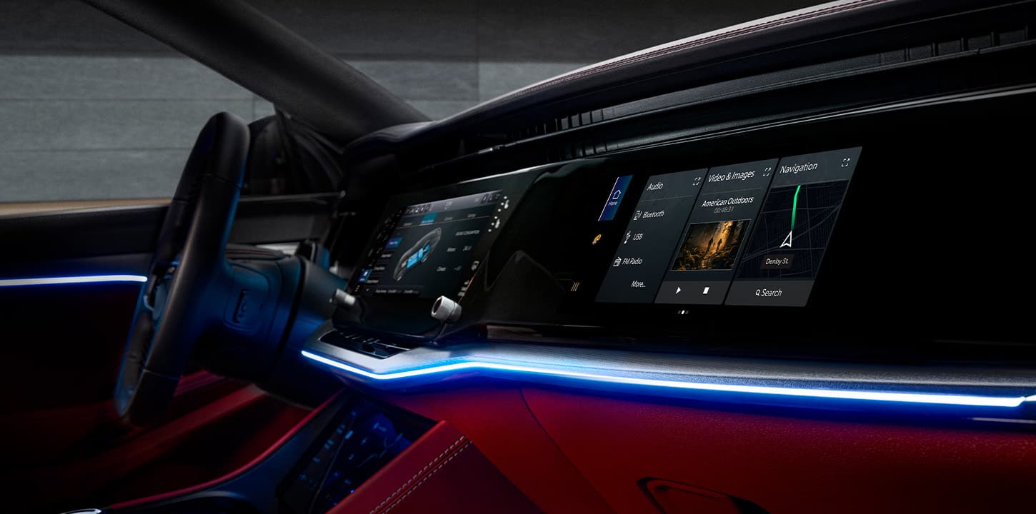 A ribbon of blue ambient light outlining the dash in a 2025 Jeep Wagoneer S Launch Edition.