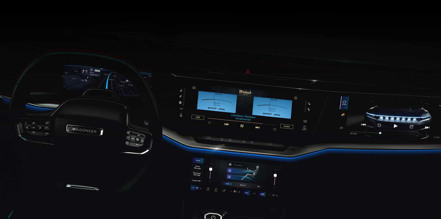 A ribbon of blue ambient light outlining the dash in a 2025 Jeep Wagoneer S Launch Edition.