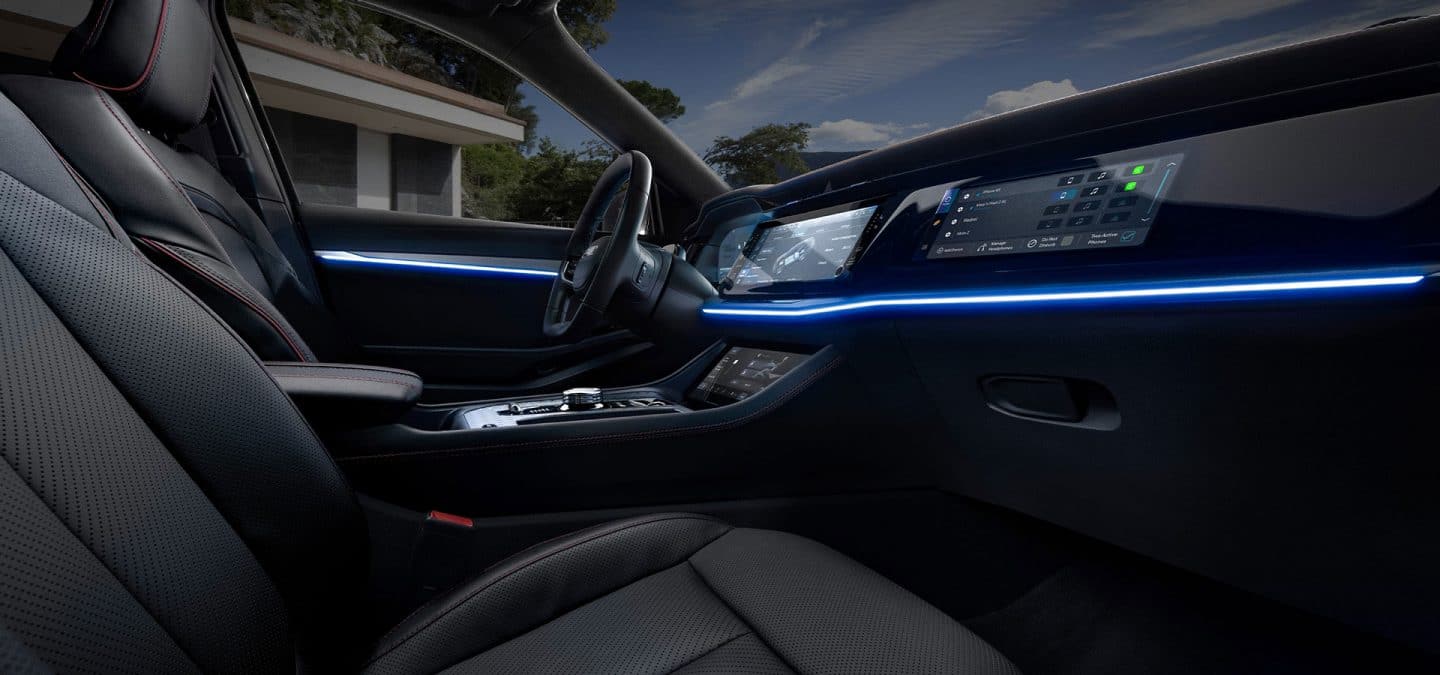 Display A ribbon of blue ambient light outlining the dash in a 2025 Jeep Wagoneer S Launch Edition.