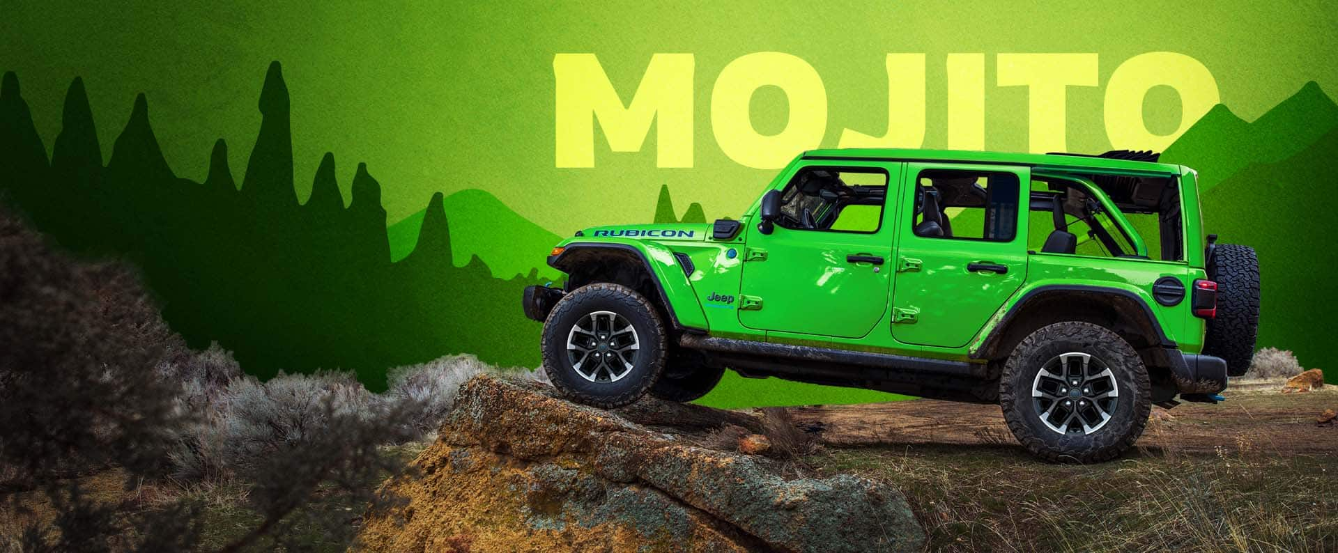 A lime green 2025 Jeep Wrangler Rubicon X on an artificial background. Mojito.