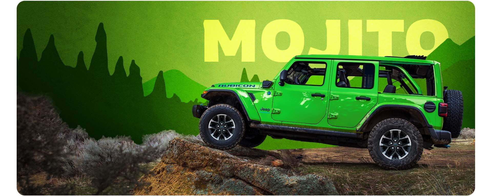 A lime green 2025 Jeep Wrangler Rubicon X on an artificial background. Mojito.