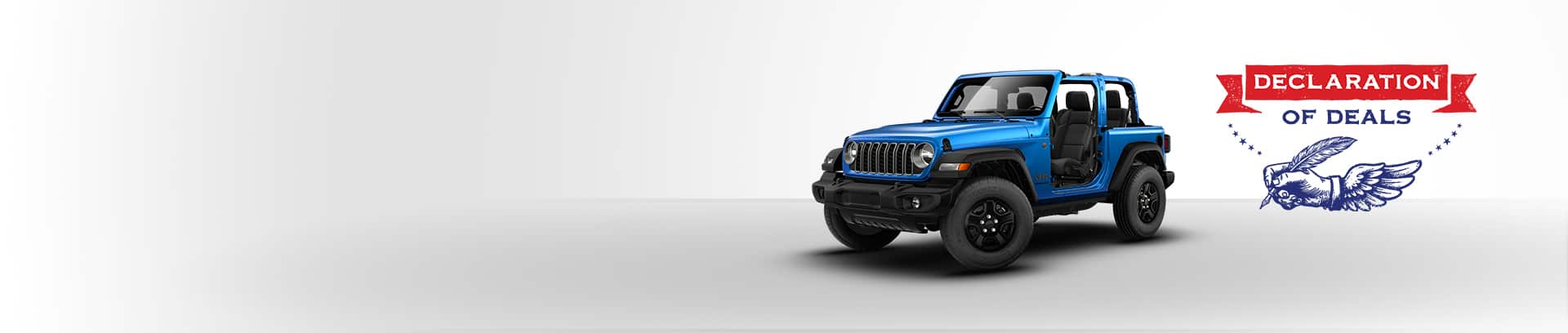 A blue 2026 Jeep Wrangler Sport two-door with its doors and top removed. Declaration of Deals.