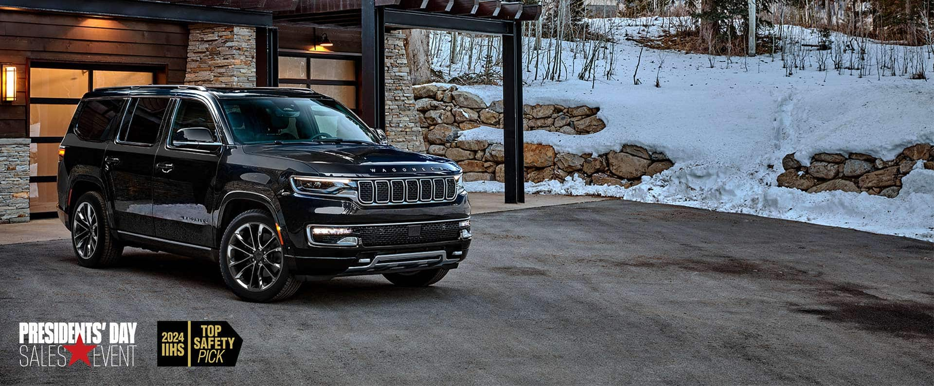 A black 2024 Jeep Wagoneer Series III parked in the driveway of a luxurious mountain chalet. President's day Event.  