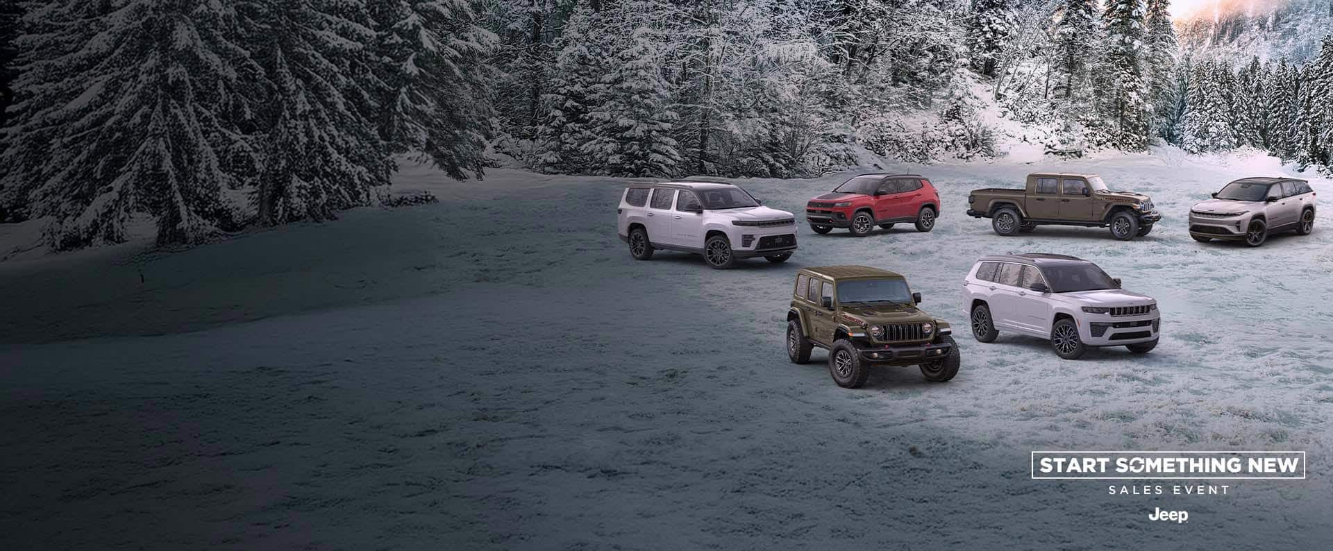 A lineup of six 2025 Jeep Brand vehicles parked on a snow-covered clearing with a forest in the background. In the front row: an olive drab Wrangler Rubicon X and a white 2026 Grand Cherokee Summit. In the back row: a white 2026 Grand Wagoneer Summit Obsidian, a red Compass Trailhawk, an olive drab Gladiator Mojave X and a silver Wagoneer S Launch Edition. The Start Something New Sale Event. Jeep.