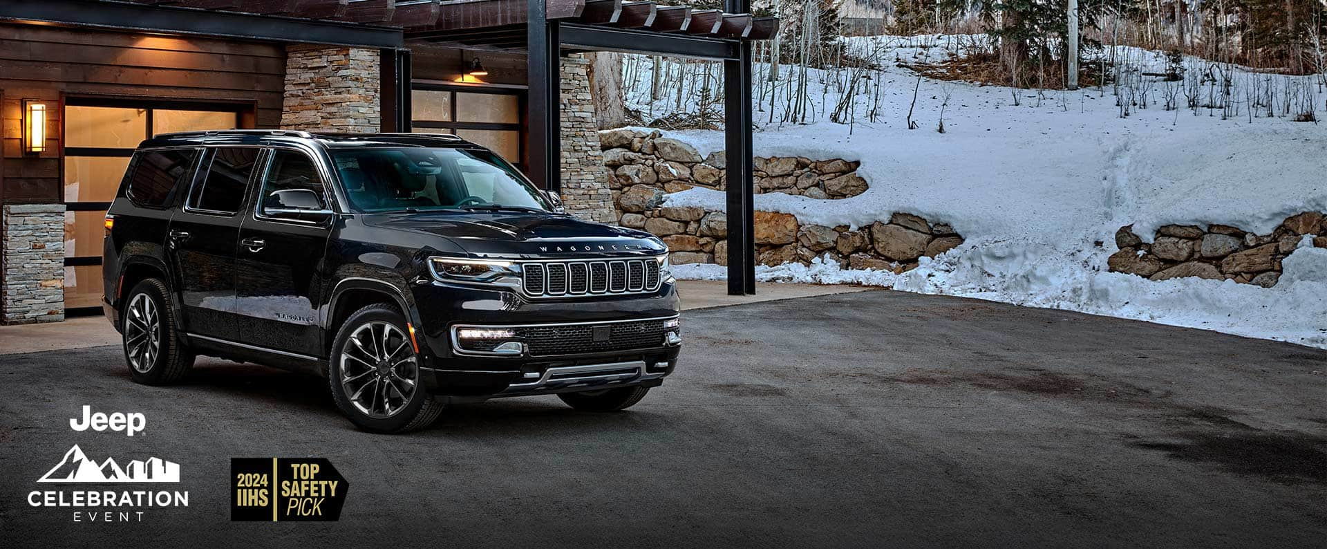 A black 2024 Jeep Wagoneer Series III parked in the driveway of a luxurious mountain chalet. Celebration event.  