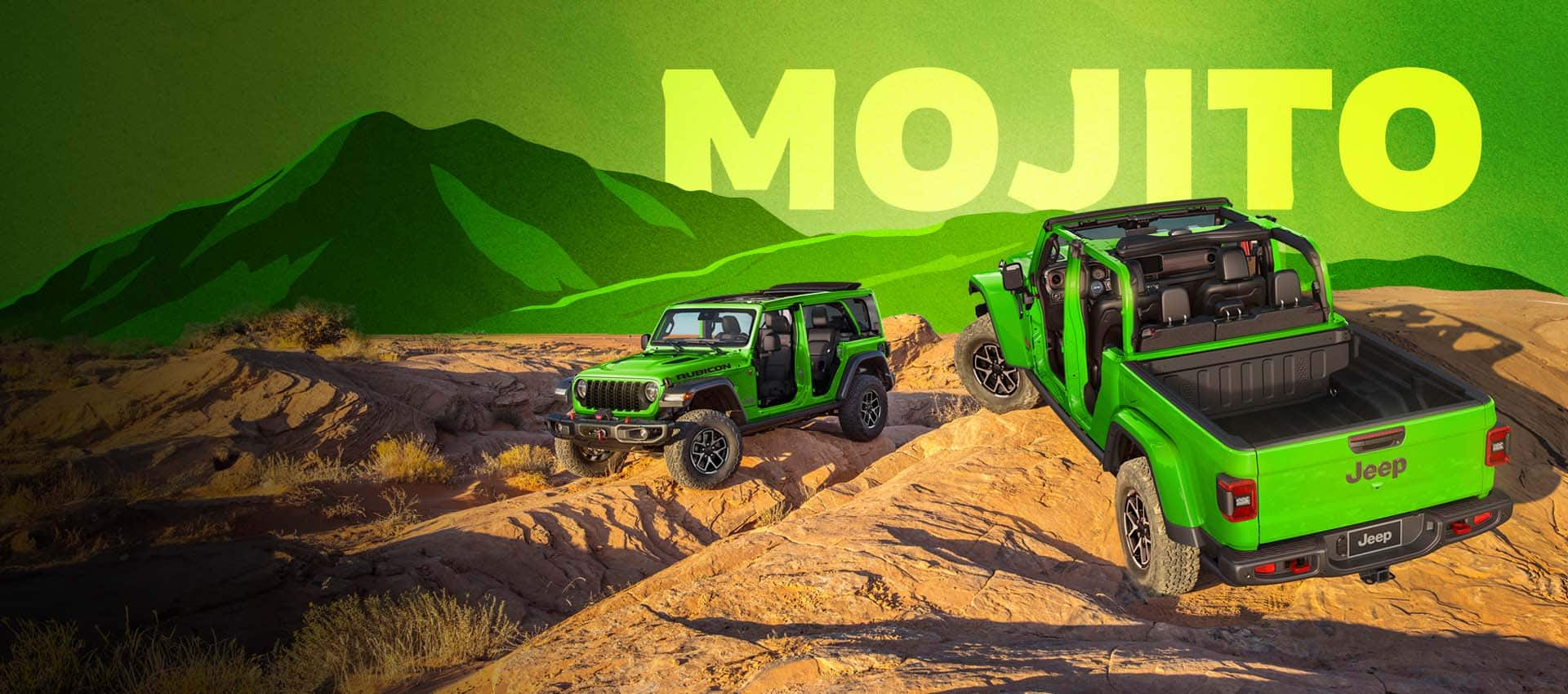 Two Jeep Brand vehicles: a lime green 2025 Jeep Gladiator Mojave X with its doors and roof removed and a lime green 2025 Jeep Wrangler Rubicon with its doors removed and its roof open, both vehicles on an artificial background. Mojito.