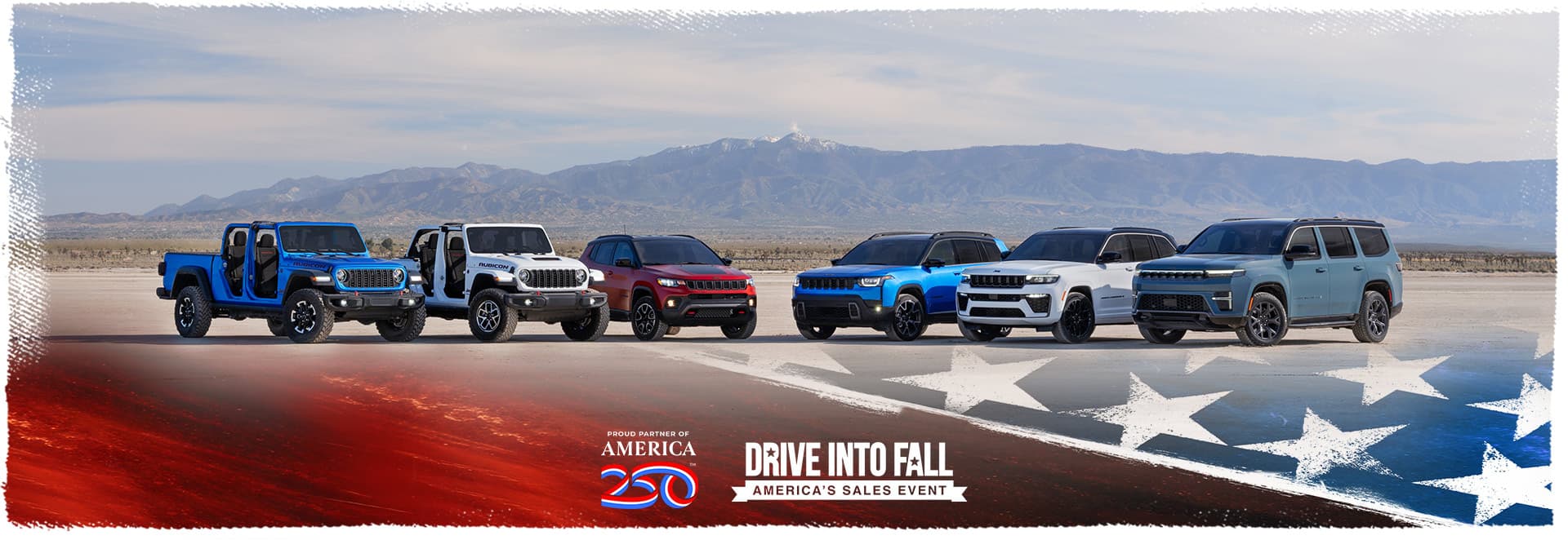 A lineup of six 2026 Jeep Brand vehicles parked in a semicircle. From left to right: a blue Gladiator Rubicon and white Wrangler Rubicon X—both with their doors and tops removed, a red Compass Trailhawk with black hood insert, a blue Cherokee Overland, a white Grand Cherokee Summit with the Obsidian Package, and a blue gray Grand Wagoneer Upland. Proud Partner of America 250. Drive Into Fall America’s Sales Event.