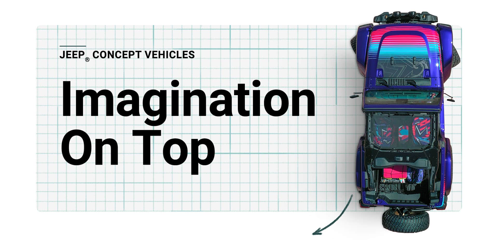 An overhead angle of the Jeep Rewind Concept vehicle sitting atop graph paper.