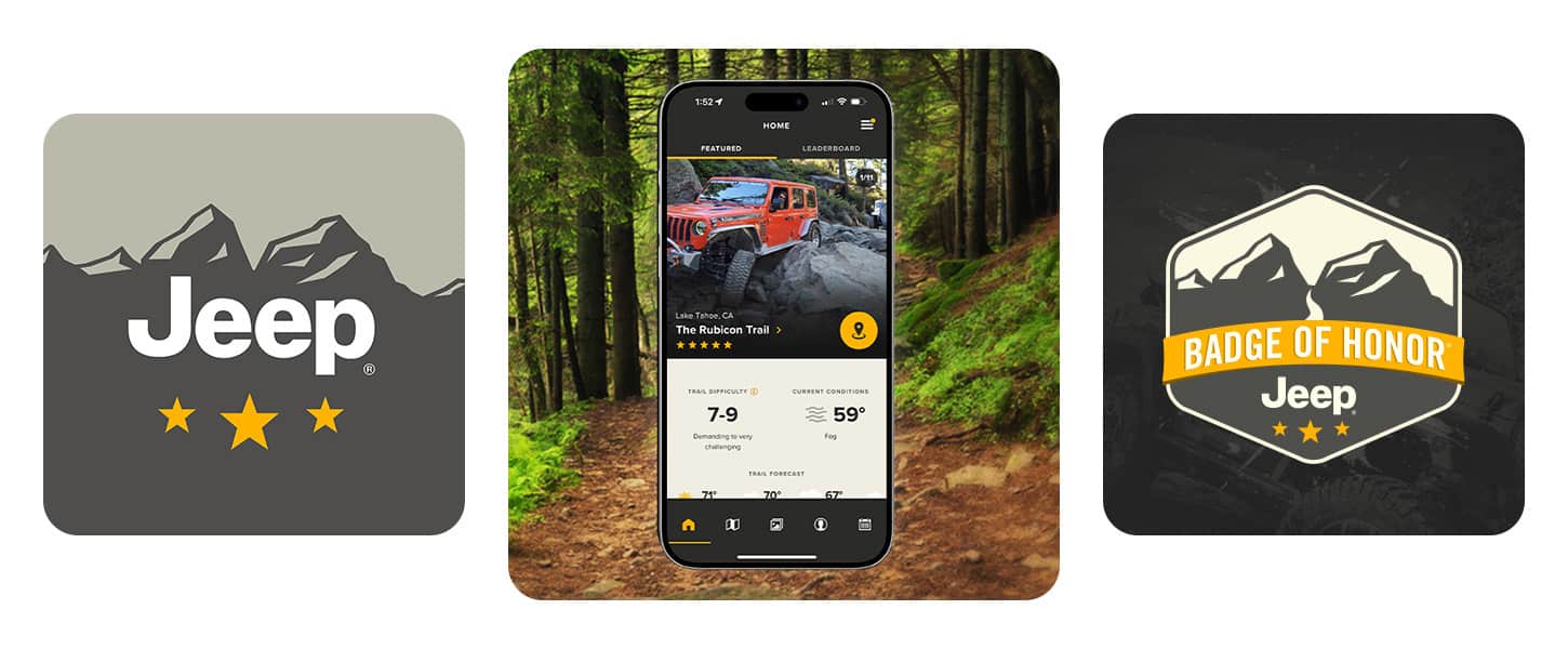 The Jeep logo over an illustrated mountain range, a smartphone displaying a page from the Jeep Badge of Honor app and the Jeep Badge of Honor logo.