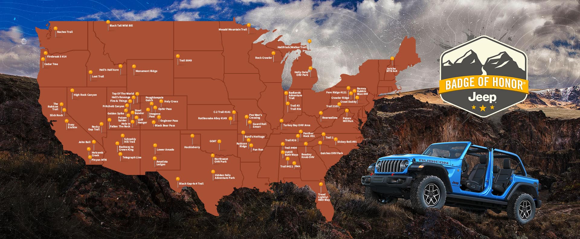 Three items: A map of the United States identifying the approximate locations of off-road trails, a blue 2026 Jeep Wrangler Rubicon with its doors and top removed ascending a hilly trail and the Jeep Badge of Honor badge.