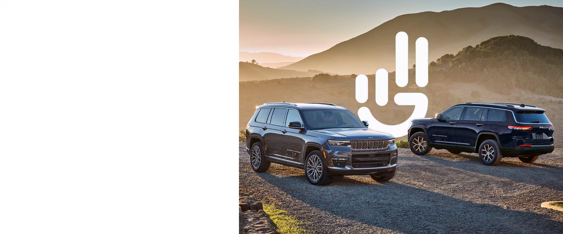 A gray 2024 Jeep Grand Cherokee Summit Reserve and a blue Jeep Grand Cherokee Limited parked opposite of each other on a gravel mountain road at sunset. The Jeep Wave logo is positioned between the two vehicles.