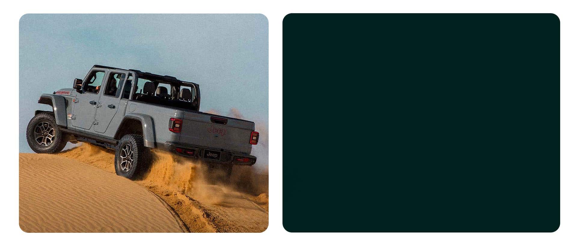 A gray 2025 Jeep Gladiator Mojave X ascending a sand dune.