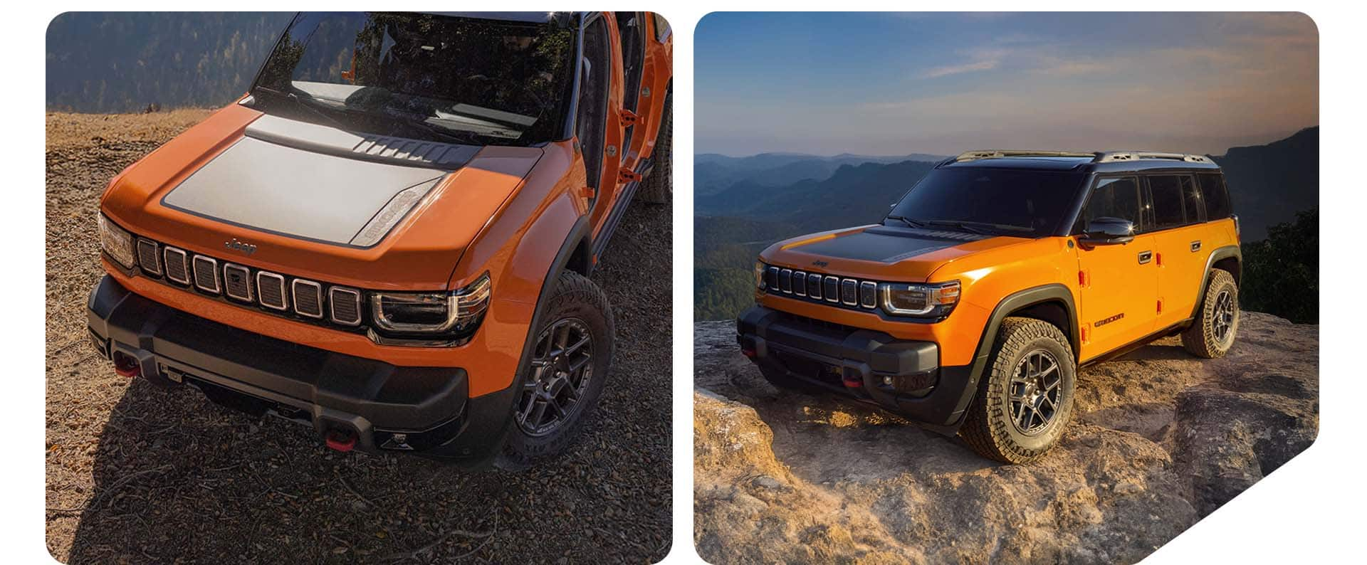 Two angles of an orange 2025 Jeep Recon preproduction model: On the right, a raised angle of the front end with a black hood insert. On the left, a driver-side front angle of the exterior.