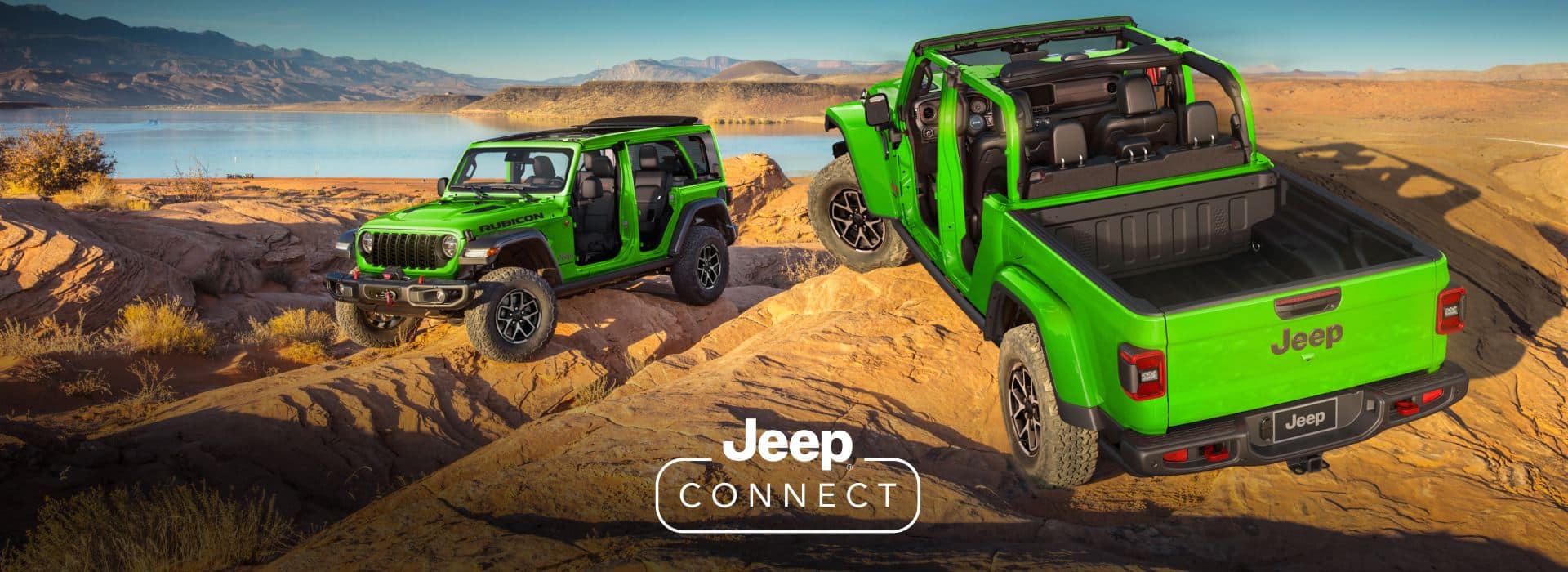 A lime green 2026 Jeep Wrangler Rubicon and a lime green 2026 Jeep Gladiator Rubicon X both with their doors and tops removed, parked on sandstone trails off-road. The Jeep Connect logo.